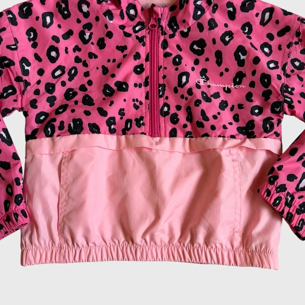 Champion Girls Pink Black Leopard Hooded Windbreaker Jacket Size 4T Lightweight